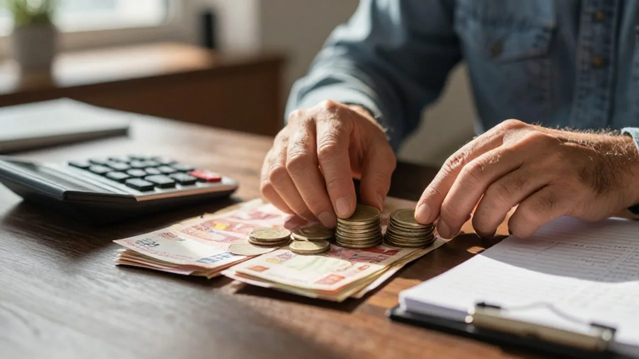 Manos ordenando pilas de monedas y billetes sobre un escritorio con un libro contable.