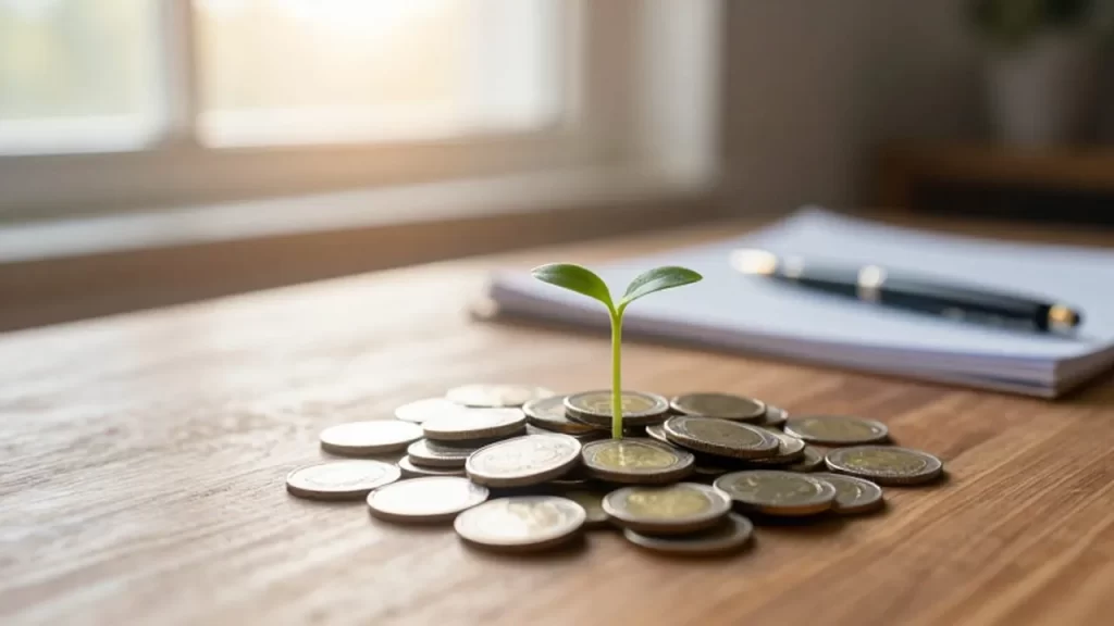 Un pequeño brote verde crece sobre una pila de monedas de oro y plata en una mesa de madera.