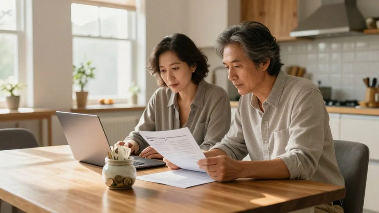 Pareja de mediana edad revisando finanzas con hojas impresas y una laptop en su comedor.