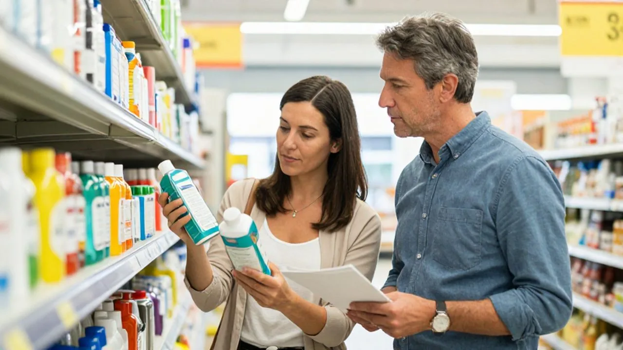 Pareja comparando etiquetas de productos en un pasillo de supermercado moderno.