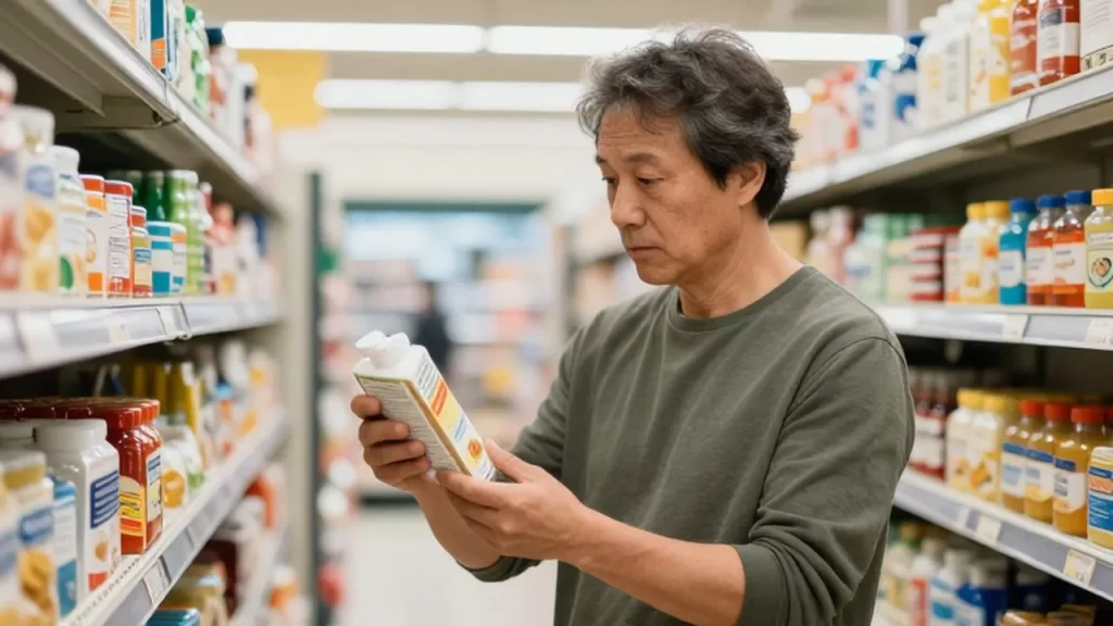 Persona de mediana edad comparando etiquetas de dos productos en un pasillo de supermercado.