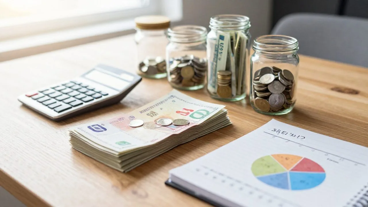 Organizador de finanzas domésticas con facturas, calculadora y frascos con ahorros sobre una mesa de madera.
