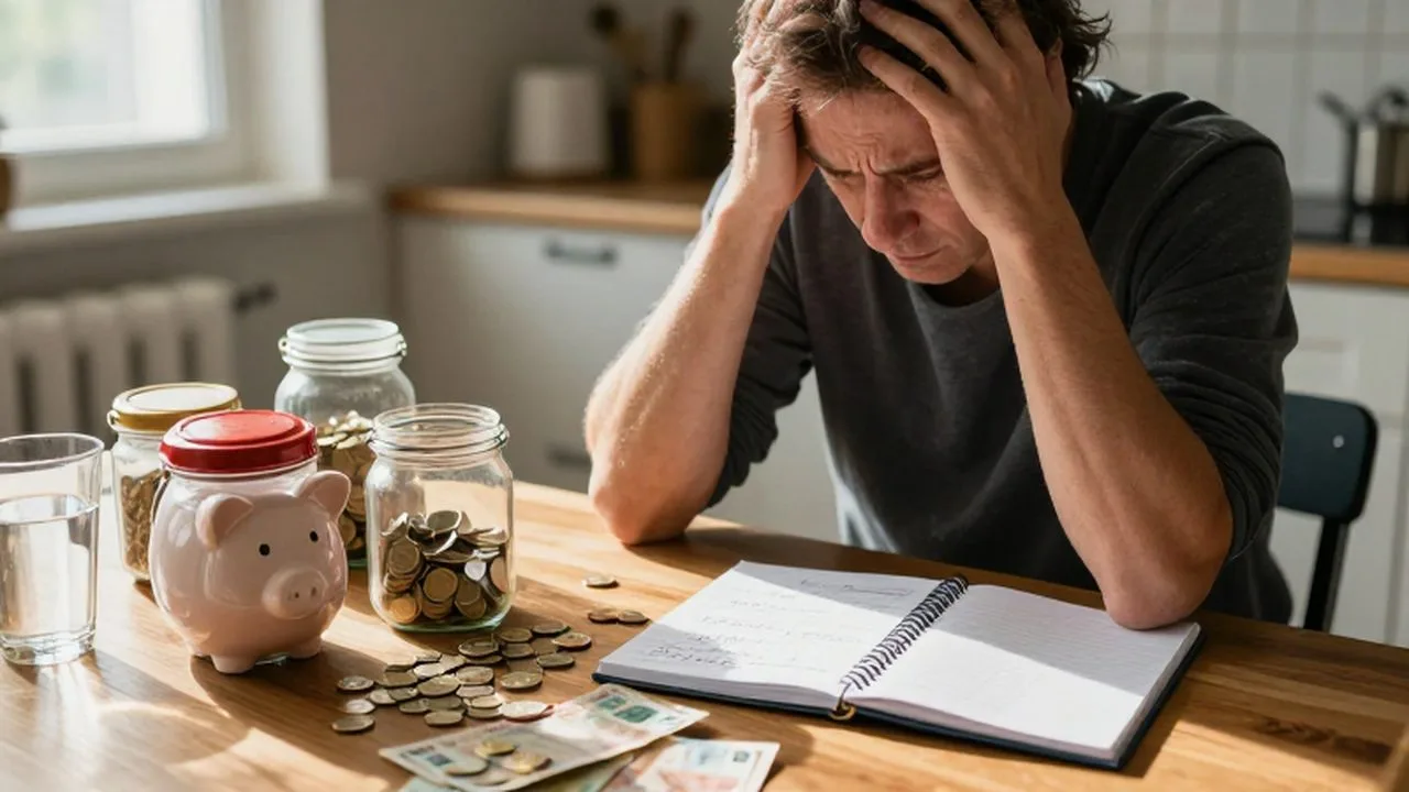 Persona con expresión de preocupación frente a varios frascos de ahorros y un cuaderno de presupuesto.