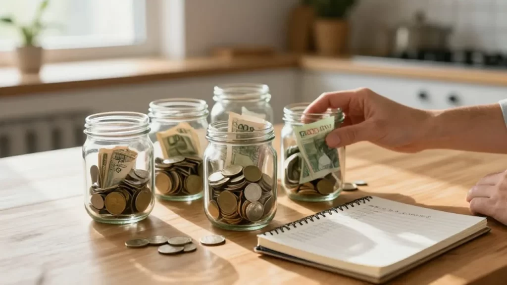 Manos organizando frascos de cristal con monedas y billetes junto a un cuaderno de presupuesto.
