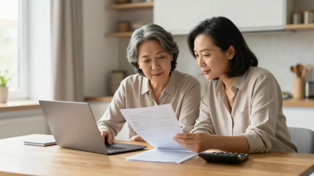 Pareja de mediana edad analizando documentos financieros y una computadora en una cocina iluminada.