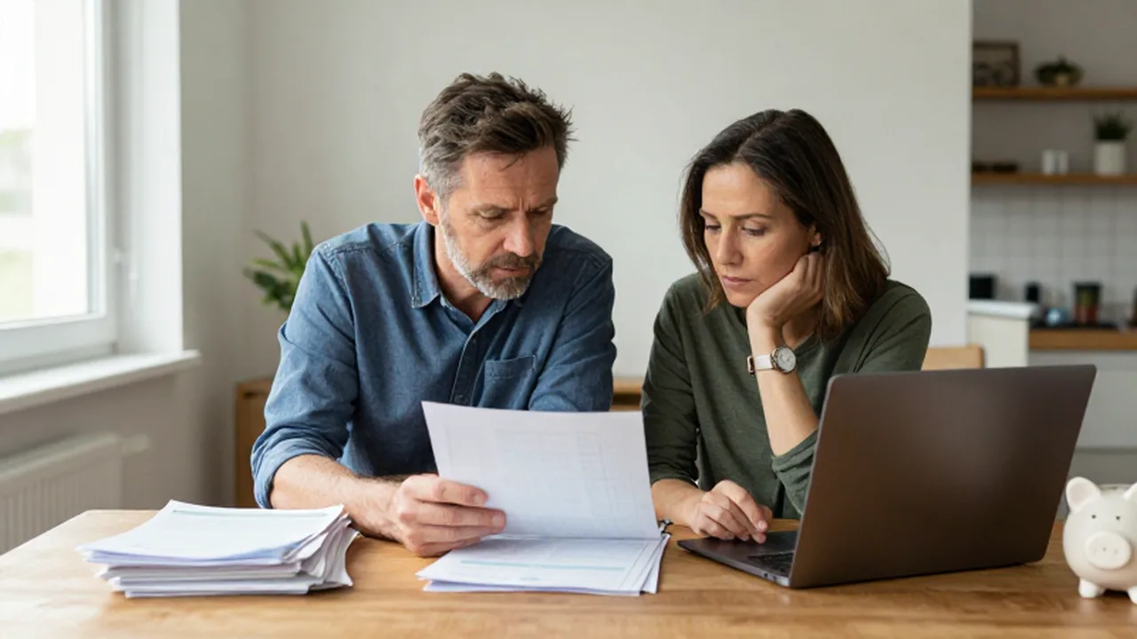 Pareja de mediana edad revisando facturas y un planificador sobre la mesa de su casa.