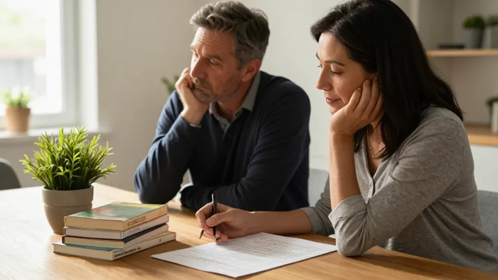 Pareja de mediana edad revisando con optimismo un plan financiero y sus ahorros en una mesa soleada.