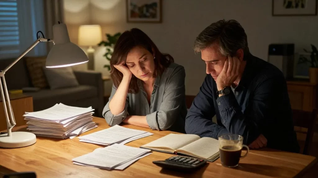 Pareja de mediana edad revisando con estrés una montaña de facturas y documentos en una mesa.