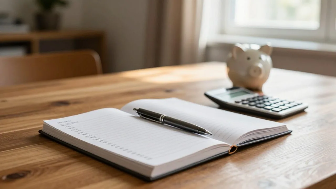 Cuaderno de presupuesto abierto con una calculadora y una hucha sobre una mesa de madera.