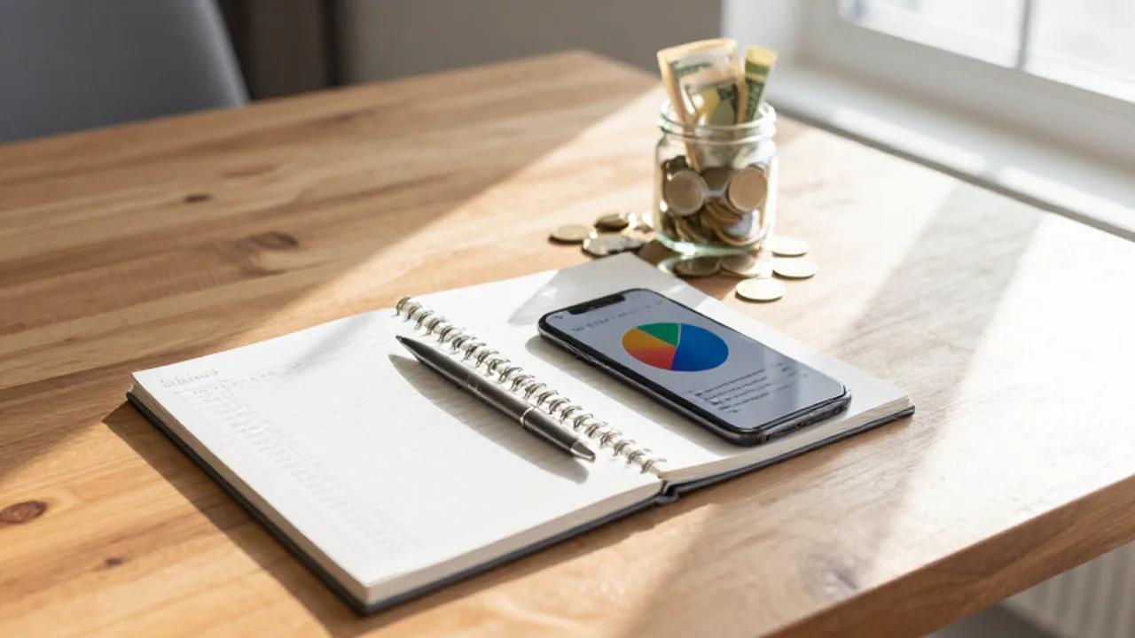 Smartphone con gráfico financiero, libreta de notas y un frasco con monedas sobre una mesa de madera.