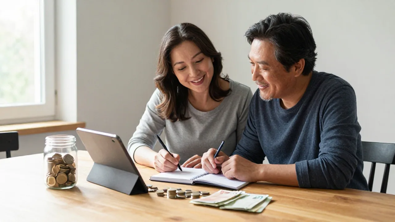 Pareja sonriente sentada a la mesa con ahorros y dispositivos electrónicos mientras planifican sus finanzas.