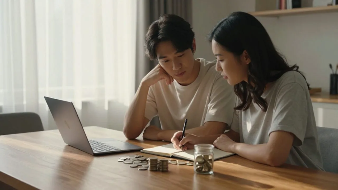 Pareja joven revisando sus ahorros con monedas, frascos y una computadora en una mesa luminosa.