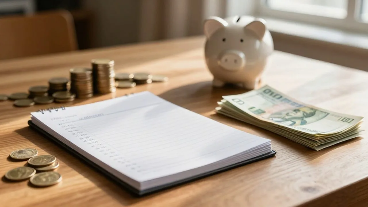 Monedas, billetes y un planificador de presupuesto sobre una mesa de madera con luz solar.