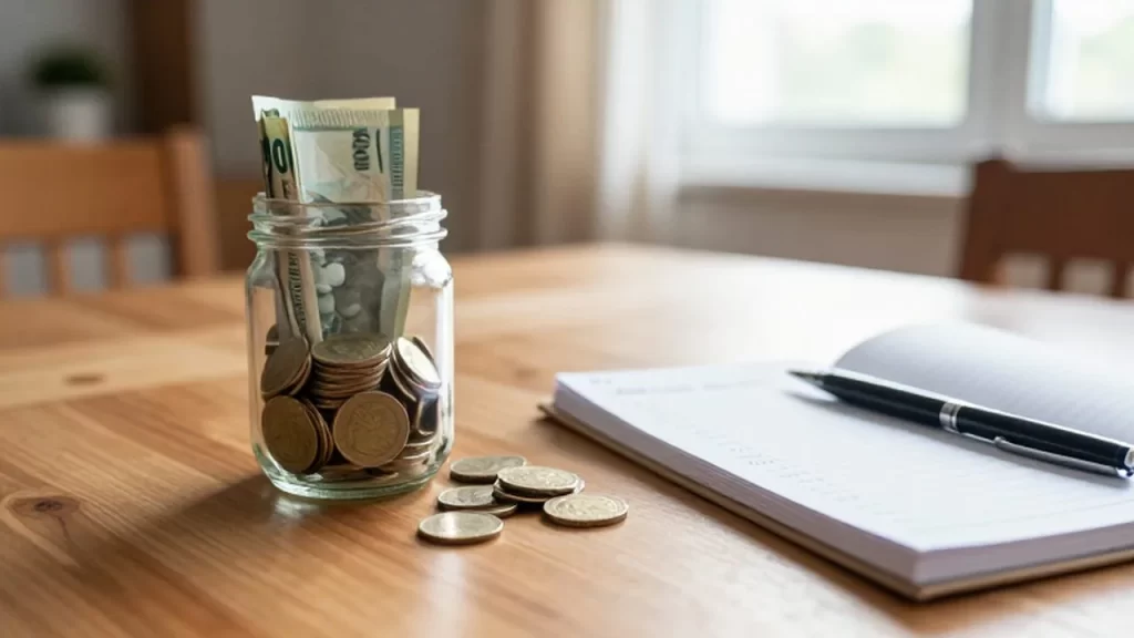 Frasco de cristal con ahorros junto a una libreta de presupuesto sobre una mesa de madera.