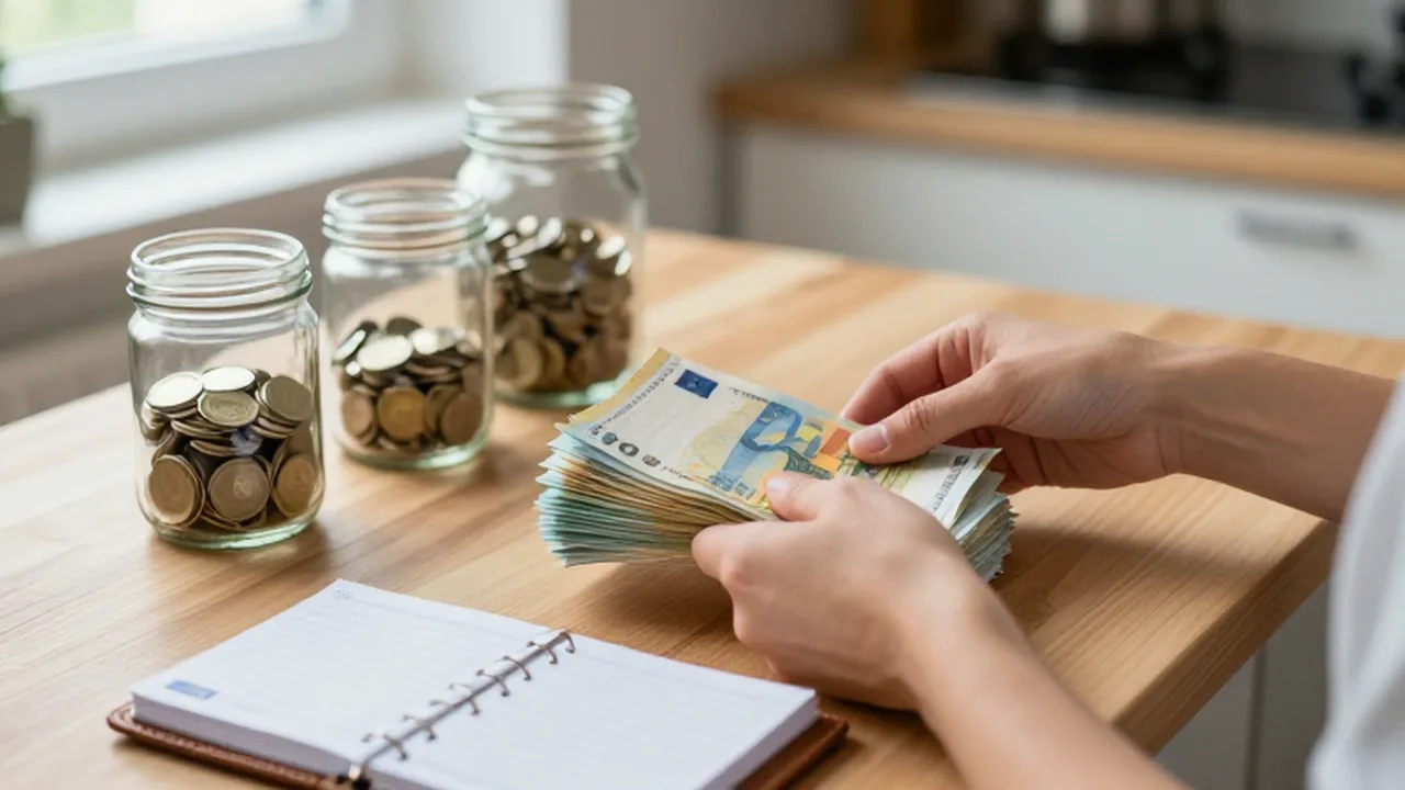 Manos organizando billetes de euros, frascos con monedas y un planificador de presupuesto sobre una mesa.