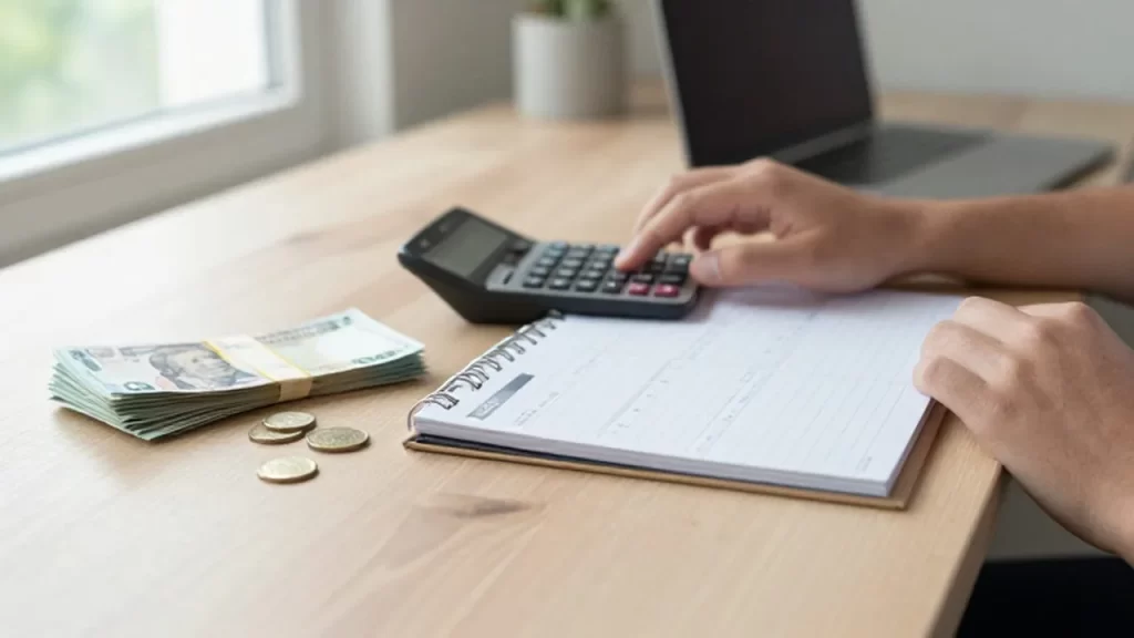 Persona organizando su presupuesto mensual en un escritorio con una calculadora y dinero ordenado.