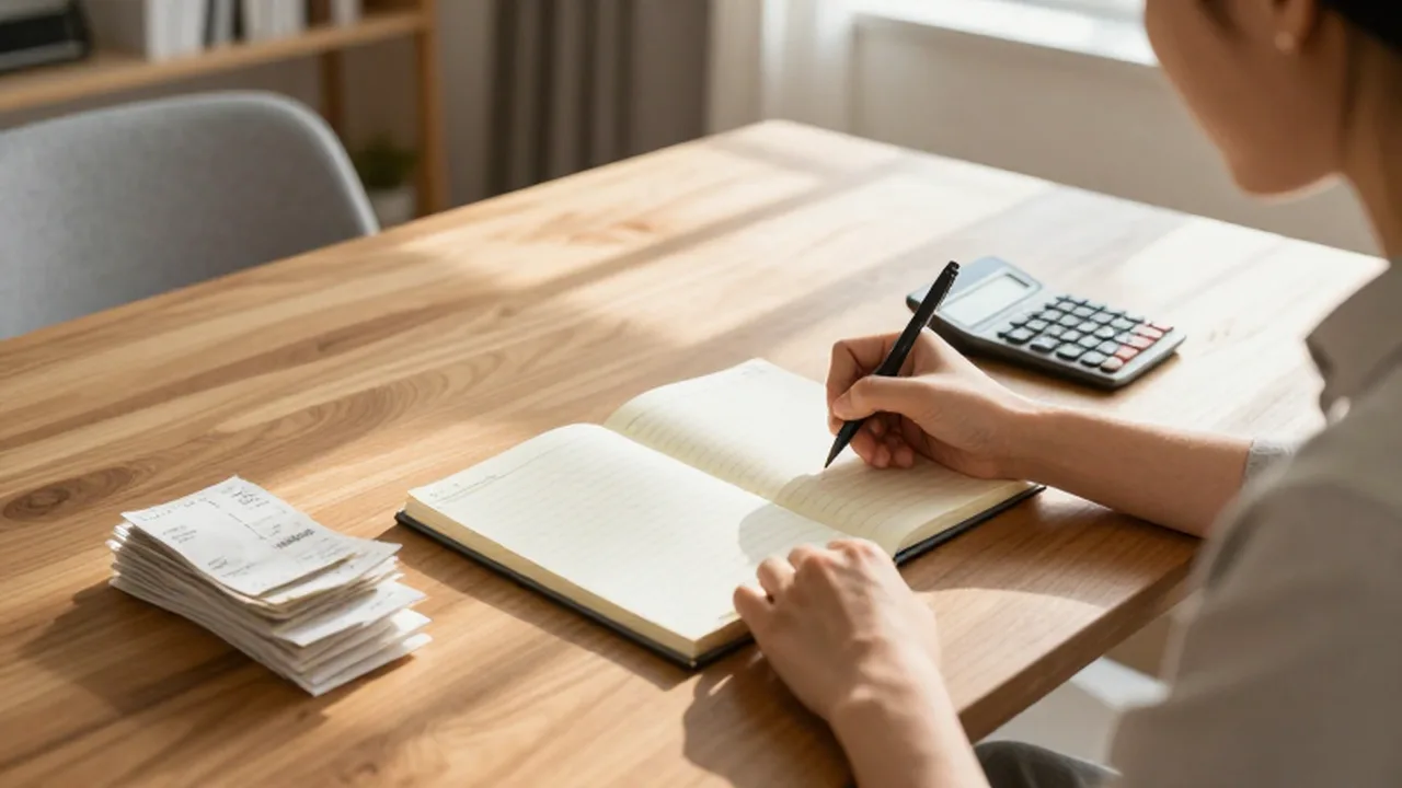 Persona concentrada escribiendo en una agenda junto a recibos y una calculadora en una mesa de madera iluminada por el sol.