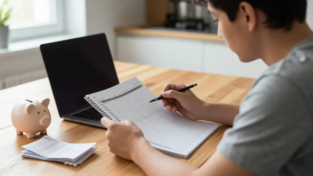 Persona joven analizando un planificador de presupuesto mensual junto a una computadora y recibos sobre una mesa.