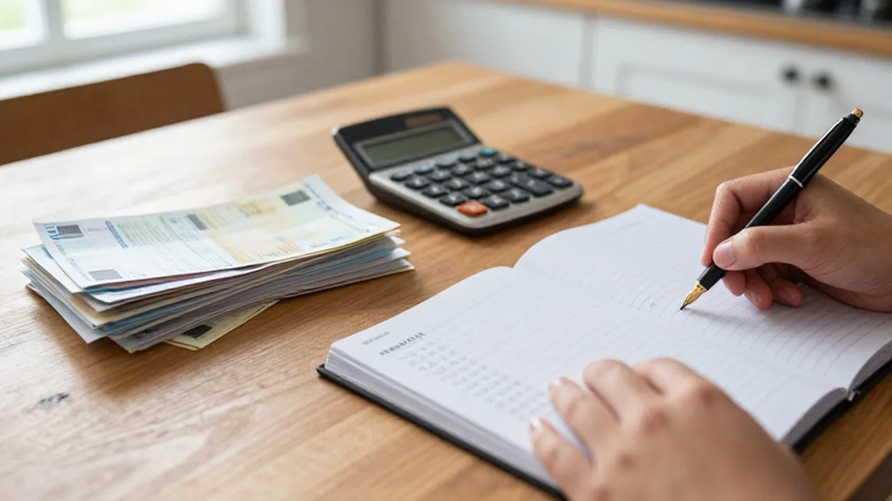 Facturas, una calculadora y una lista de prioridades sobre una mesa de madera iluminada por la mañana.