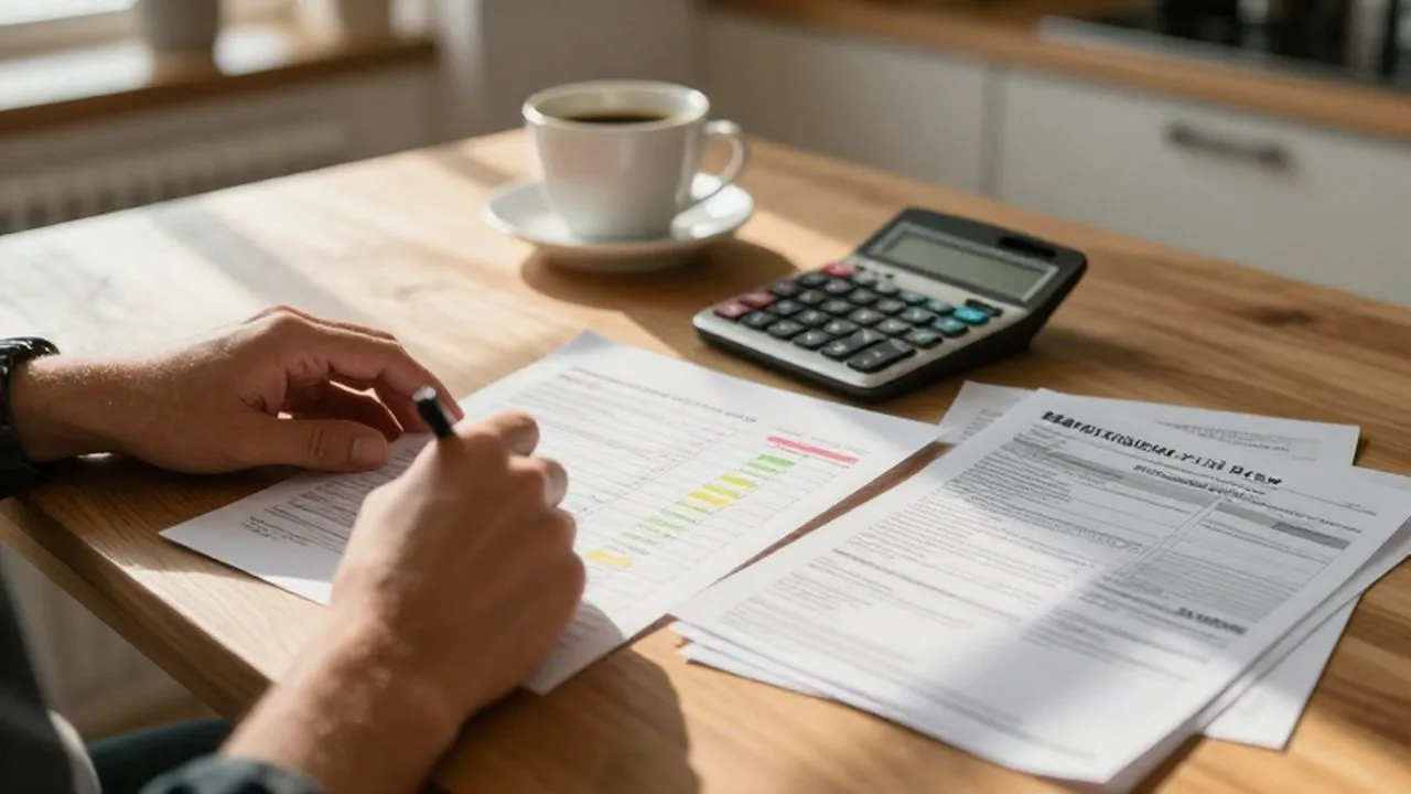 Manos organizando facturas, una calculadora y un presupuesto escrito sobre una mesa de madera.