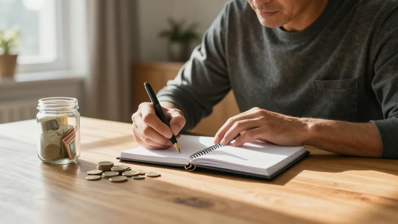Hombre de mediana edad escribiendo en su agenda junto a un bote de ahorros.