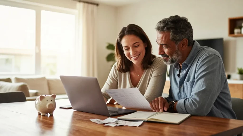 Pareja de mediana edad sonriente revisando su presupuesto con un portátil y una libreta.