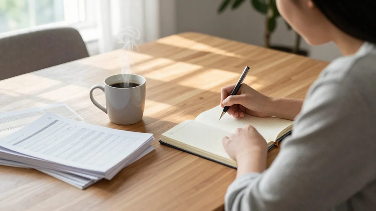 Persona concentrada escribiendo en una agenda junto a un café y documentos de presupuesto.