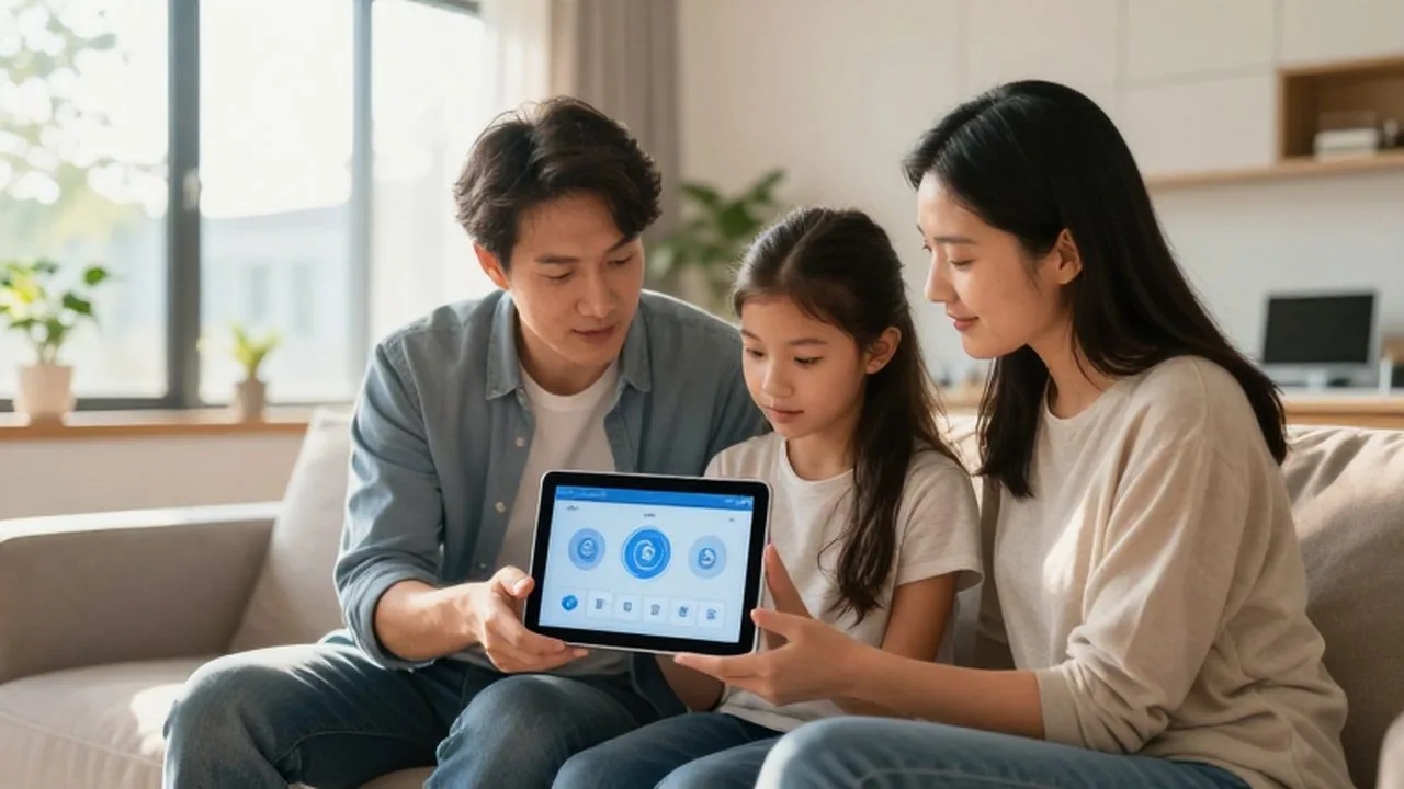 Una familia joven observa con interés una tableta digital que muestra iconos de finanzas y criptomonedas.