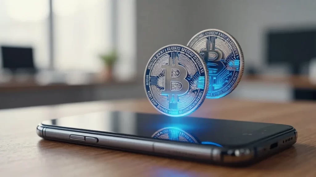 Monedas digitales con circuitos azules brillantes flotando sobre la pantalla de un smartphone moderno.