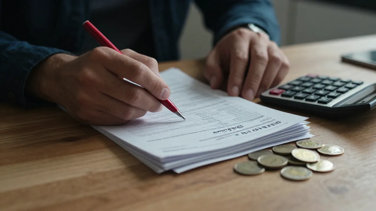 Manos estresadas sostienen un bolígrafo rojo sobre facturas vencidas, monedas y una calculadora.