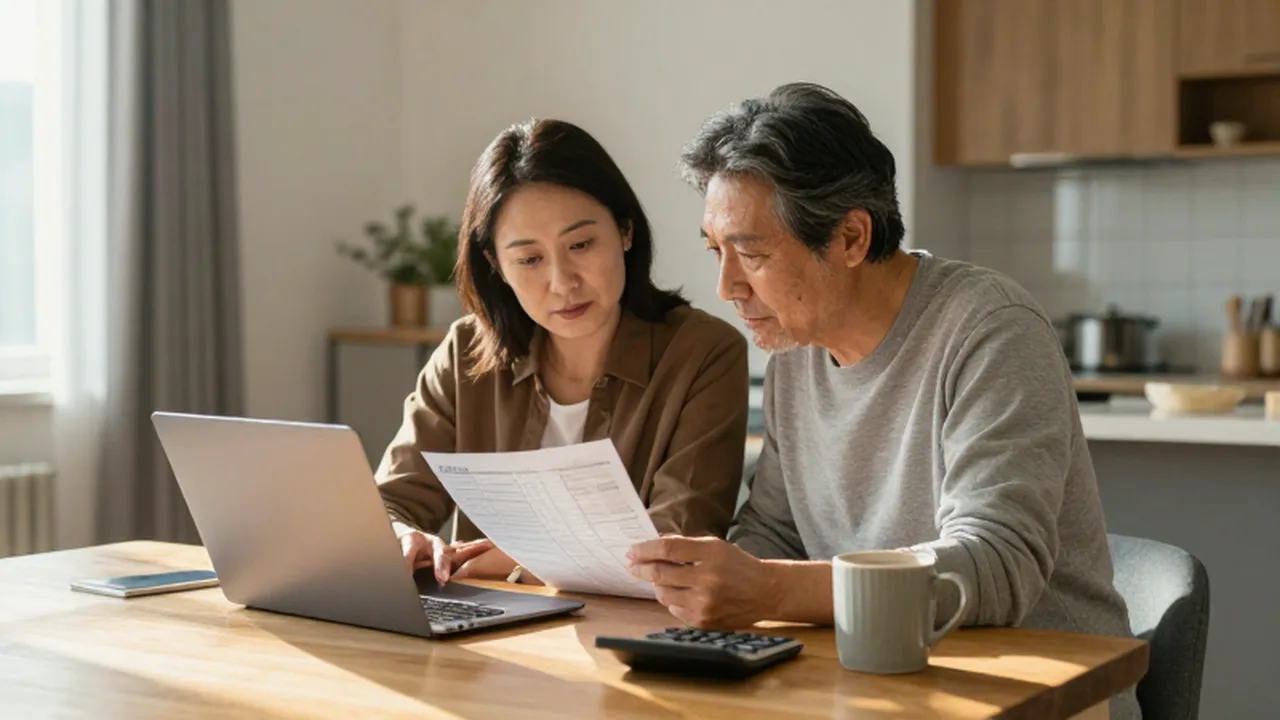 Pareja de mediana edad analizando finanzas con un portátil y una hoja de cálculo en casa.