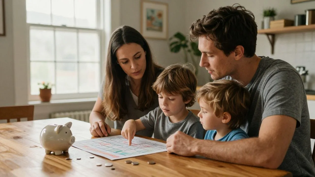 Padres e hijos sentados a la mesa revisando un presupuesto familiar con una hucha.