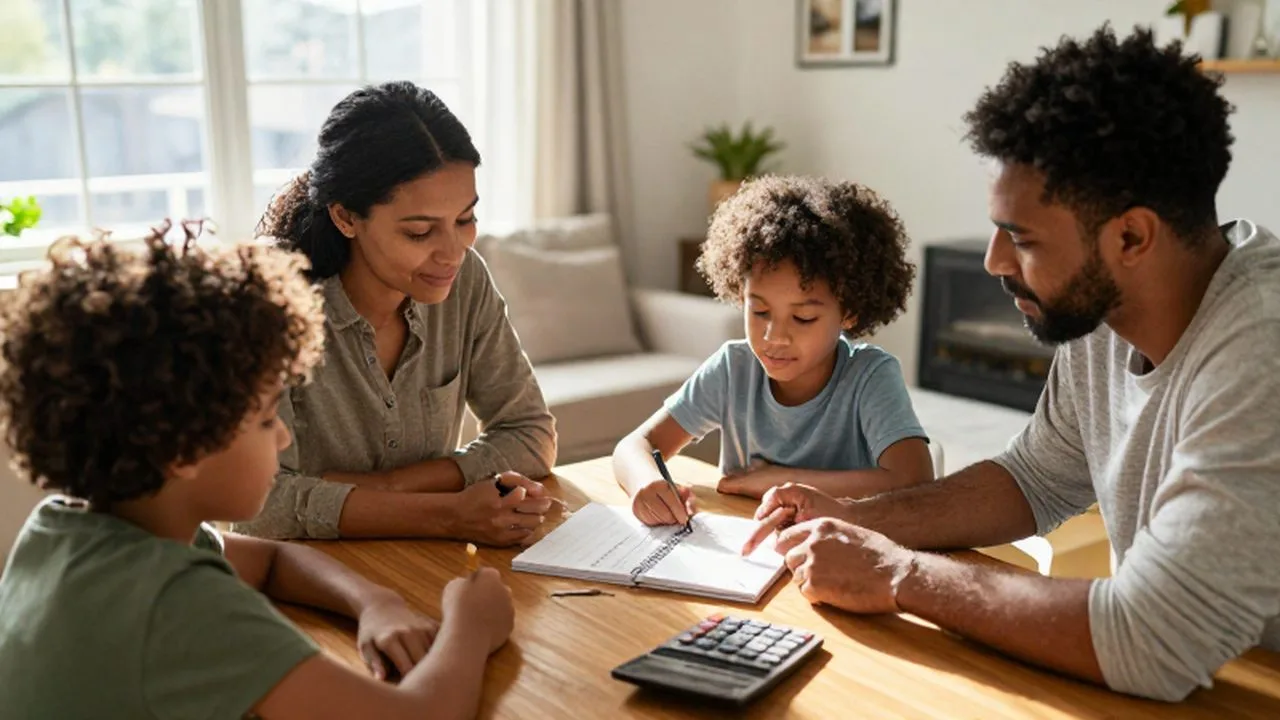 Familia sentada a la mesa planeando su presupuesto con un cuaderno y una calculadora.