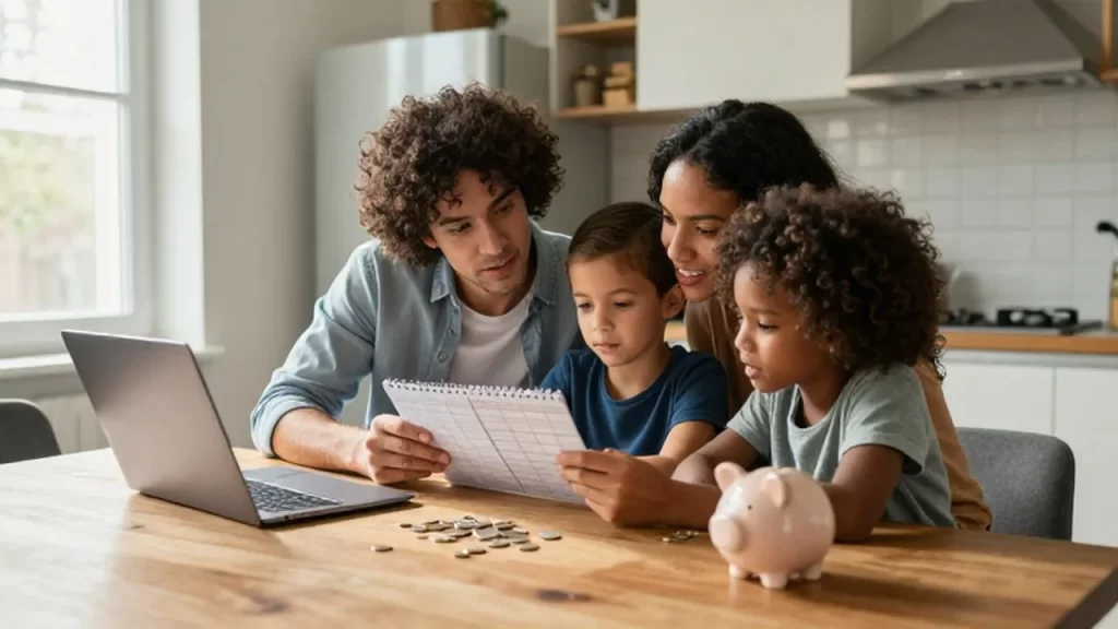 Familia joven organizada revisando un presupuesto y una computadora en una cocina luminosa.
