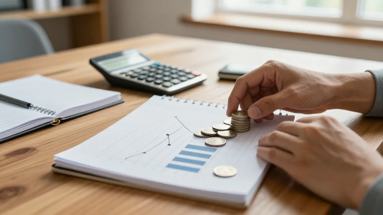 Manos equilibrando monedas de plata junto a un gráfico de crecimiento en un cuaderno.