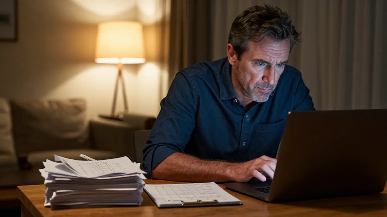 Hombre de mediana edad concentrado revisando su presupuesto mensual junto a una laptop y recibos.