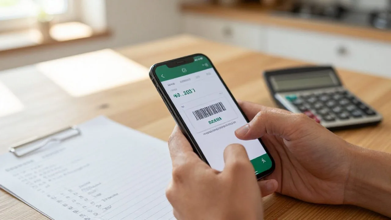 Manos sosteniendo un móvil con una aplicación de comparación de precios junto a un producto de compra.