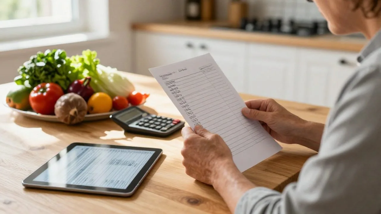 Persona sentada en la cocina revisando una lista de compras y un presupuesto en una tableta.