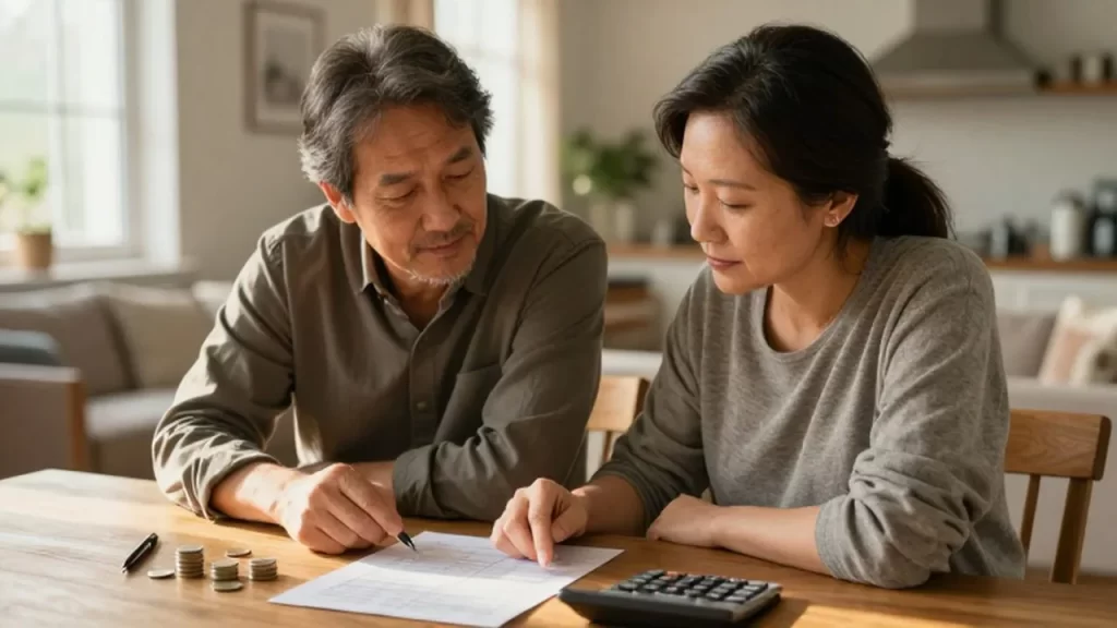Pareja de mediana edad revisando con calma sus finanzas sobre una mesa con calculadora y monedas.