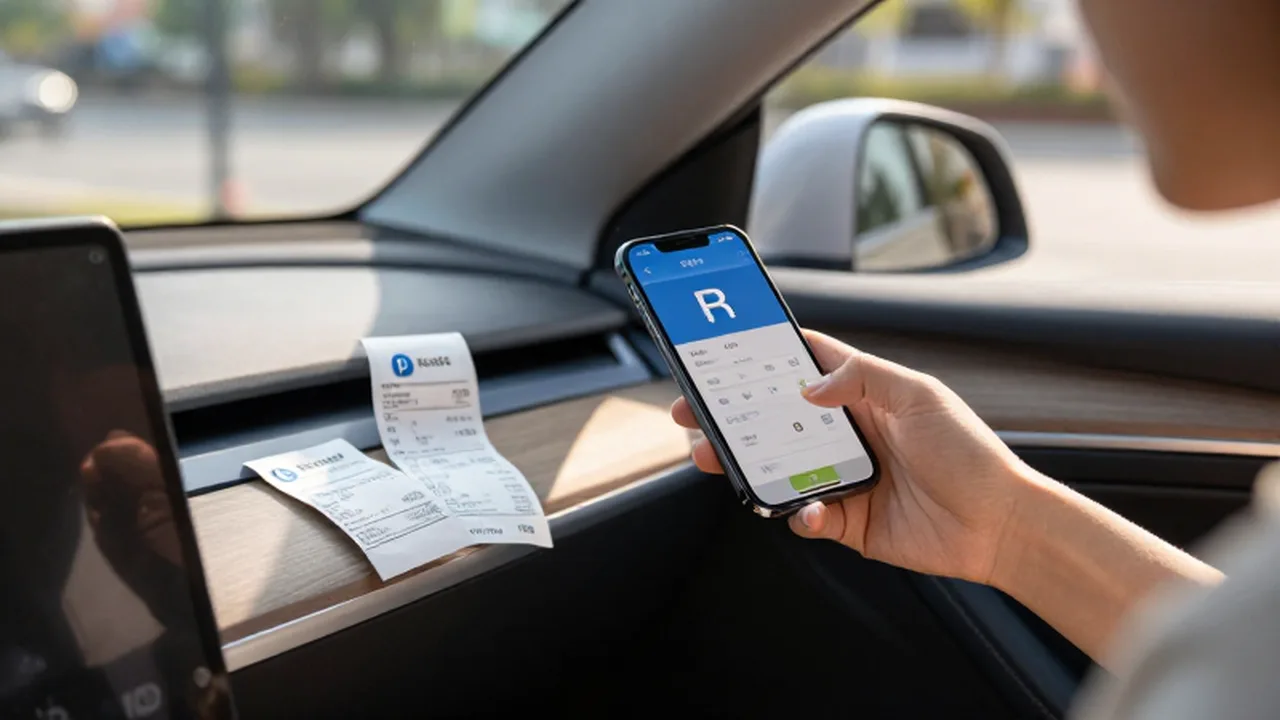 Persona sosteniendo un smartphone con una aplicación de pago junto al salpicadero de un coche.