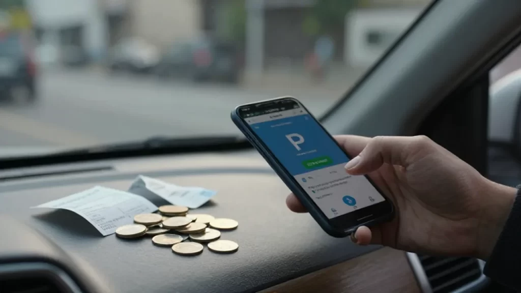Mano sosteniendo un celular con una aplicación de pago sobre un tablero con monedas y recibos.