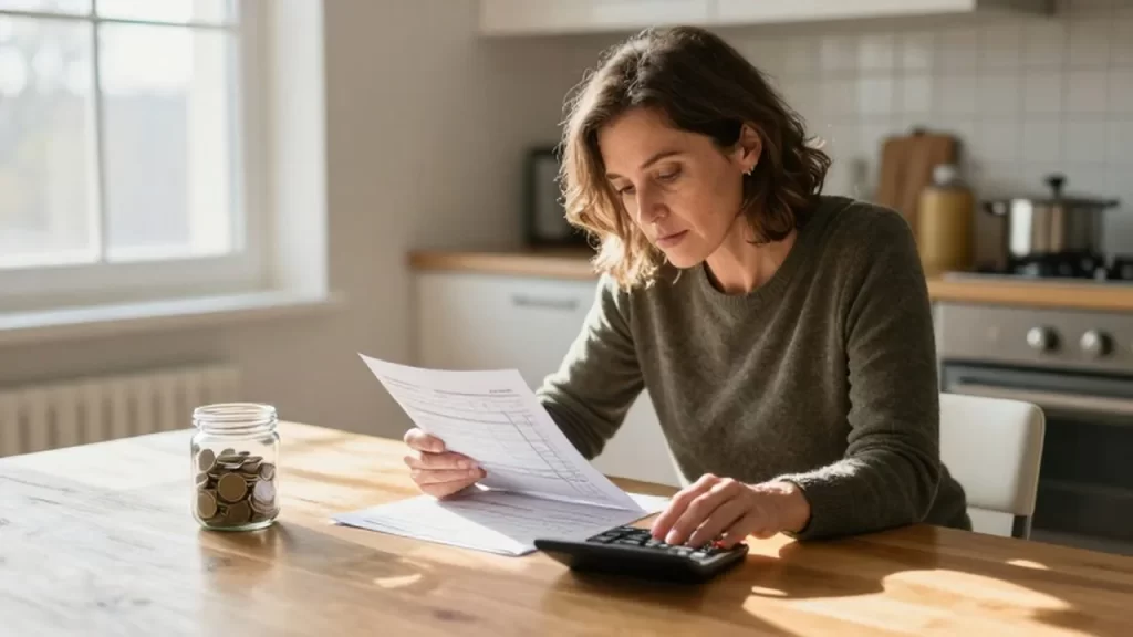 Mujer sentada en la cocina revisando su presupuesto con una calculadora y un frasco de ahorros.