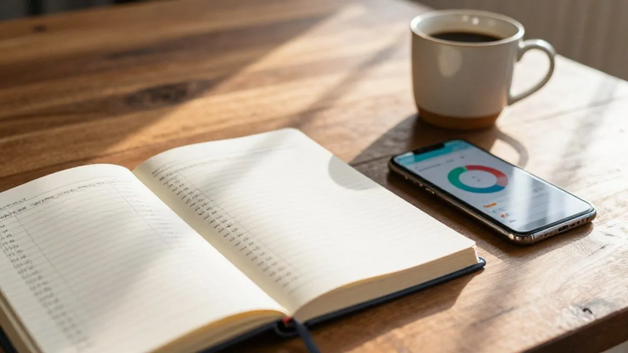 Cuaderno con anotaciones financieras junto a un móvil con gráficos y una taza de café.