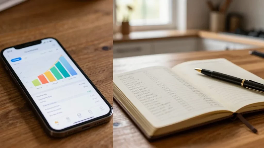 Pantalla dividida que muestra una aplicación de presupuesto en un smartphone junto a una libreta de apuntes manuales.