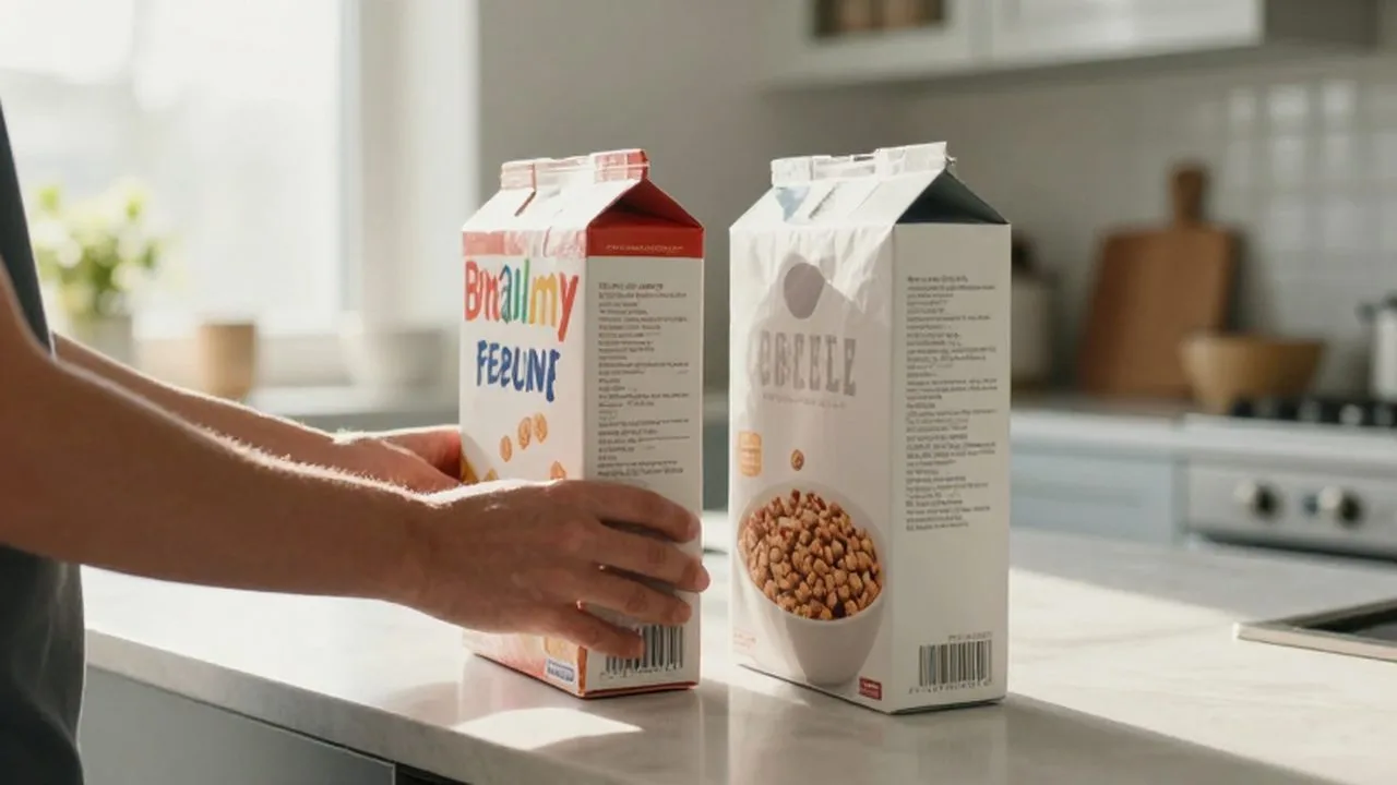 Manos comparando una caja de cereales de marca colorida con una de marca blanca minimalista.