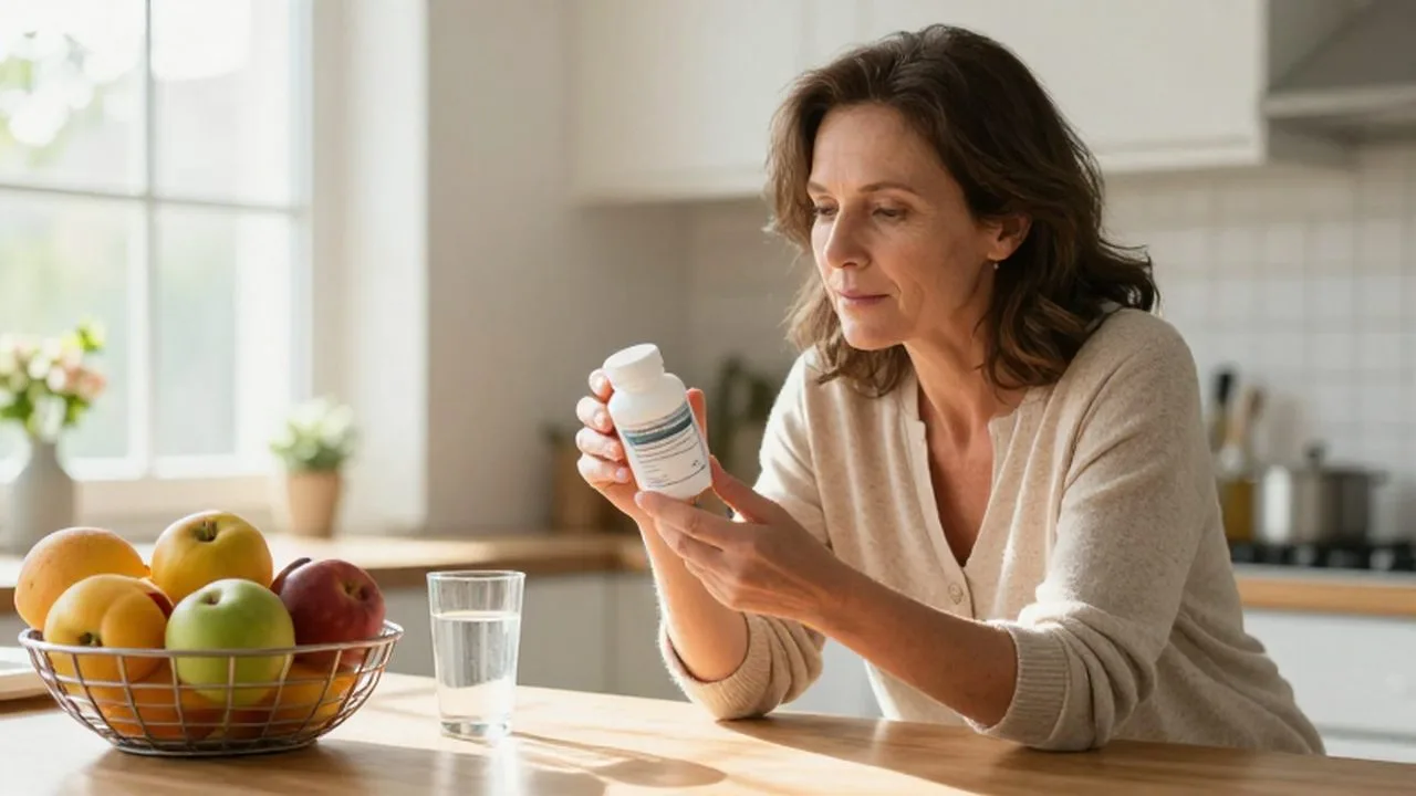 Mujer de mediana edad leyendo atentamente la etiqueta de un bote de suplementos en una cocina luminosa.