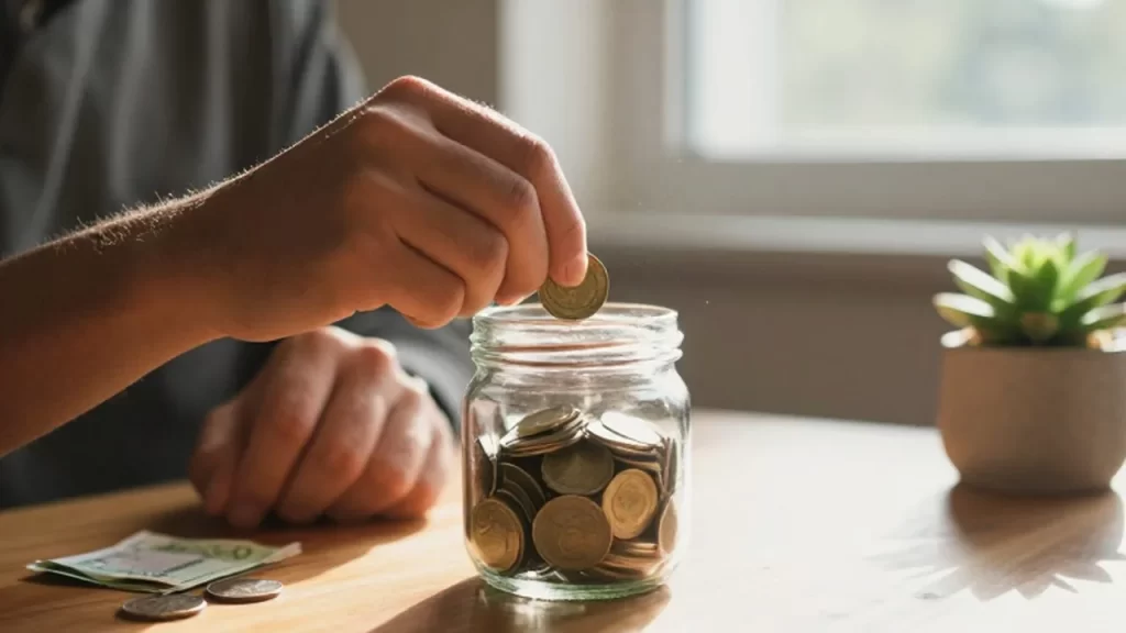 Manos dejando una moneda de oro en un frasco de cristal lleno de ahorros.